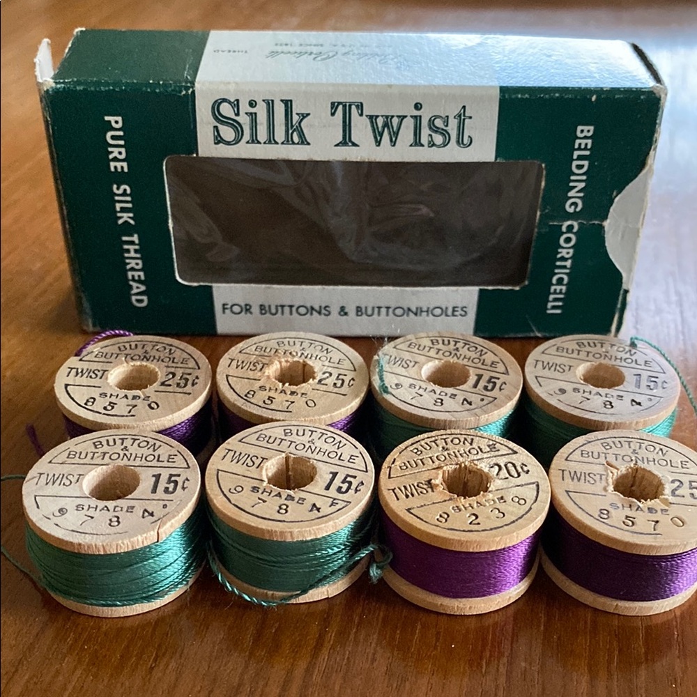 Vintage Silk Twist Thread Spools in Green and Purple